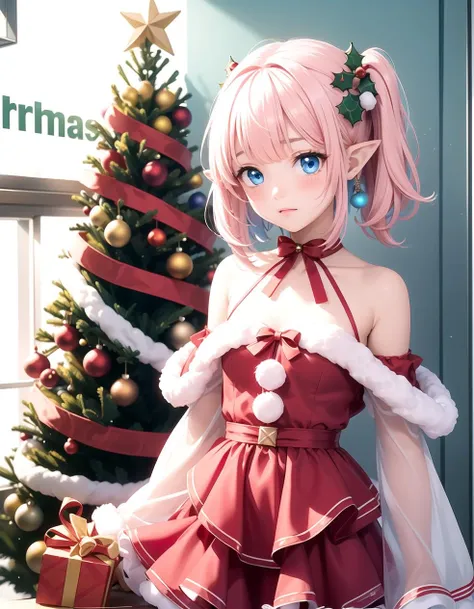 (Red Christmas dress:1.3), Christmas hair ornament, (glowing Christmas tree:1.3), (blush:1.2), Innocent, (shy:1.2), cute, Flat, Medium hair, Skirt, masterpiece, best quality, Side ponytail, (light pink hair:1.3), (gradient hair:1.0), white horns, Pointy ears, layered, frills, bare shoulders, sleeves, (Light blue hair:1.2), (Glowing sign text:1.3), blue eyes