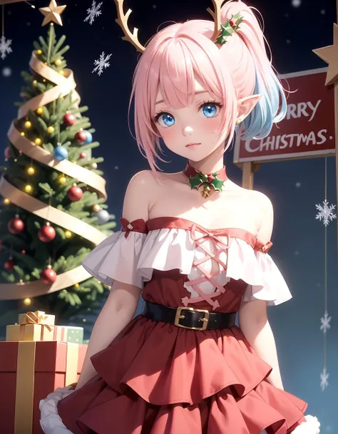 (Red Christmas dress:1.3), Christmas hair ornament, (glowing Christmas tree:1.3), (blush:1.2), Innocent, (shy:1.2), cute, Flat, Medium hair, Skirt, masterpiece, best quality, Side ponytail, (light pink hair:1.3), (gradient hair:1.0), white horns, Pointy ears, layered, frills, bare shoulders, sleeves, (Light blue hair:1.2), (Glowing sign text:1.3), blue eyes