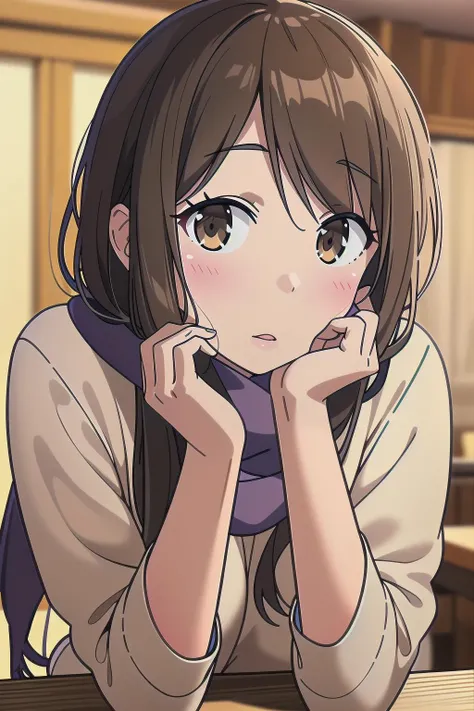 (masterpiece), best quality, high resolution, extremely detailed, detailed background, perfect lighting,
1girl, <lora:ys_okasan:0.7> ysyoriko, long hair, low ponytail, looking at viewer, lips, head rest, blurry, scarf, upper body, bangs, long sleeves, blurry background, nose, white shirt