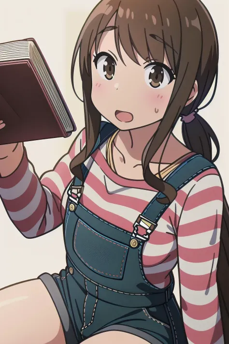 (masterpiece), best quality, high resolution, extremely detailed, detailed background, perfect lighting,
1girl, <lora:ys_okasan:0.7> ysyoriko, long hair, low ponytail, overalls, orgasm, doggystyle, open mouth, sitting, striped shirt,  denim, shirt, long sleeves, holding, white background, simple background, striped, book