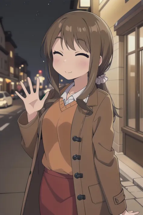 (masterpiece), best quality, high resolution, extremely detailed, detailed background, perfect lighting,
outdoors, town, night,
1girl, happy, closed eyes, facing viewer, <lora:ys_okasan:0.8> ysyoriko, long hair, low ponytail, orange sweater, red pencil skirt, dark brown coat, waving, (one arm at side)