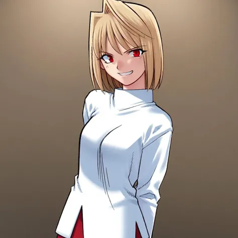 solo, Arcueid, short hair, blonde hair, red eyes, turtleneck, miniskirt, smug grin