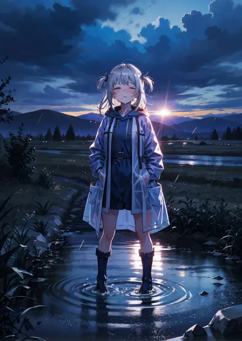 gawr gura, digital painting, portrayal of cute girl in the wilderness_storm, young and cute, (majestic masterpiece, best quality, intricate detail, ultra-highres:1.2), hands on hips, looking up, raining, (full body:1.1), (photorealistic:1.2), at night, dramatic dark shot, forest environment, trees, dark rainclouds, phblue,
BREAK
(gray hair:1.1), two side up, (small:1.1) breasts, thin body, slender, lonely look, serene expression, refreshing youthful scene, shiny wet skin, white eyebrows, wet hair, bad_weather, dark clouds, heavy rain,
BREAK
streaked hair, (closed_eyes:0.8), blushing, wearing dress-style (blue raincoat:1.1), rainboots, (closed front:1.1), hair ornaments, shark print, damp clothes, drenched,
BREAK
realistic skin texture, somber scenery, blue theme, mist from the rain rises from the ground, tiny droplets of moisture, catching her breath, stunning mountain landscape, depth of field, sharp focus, (dramatic storm:1.1), dark shadows and subtle contrast,
<lora:gwar gura by goofy ai:1>, <lora:bluestyle-000005:0.8>, <lora:lowra_v10:0.4>, <lora:add_detail:0.3>