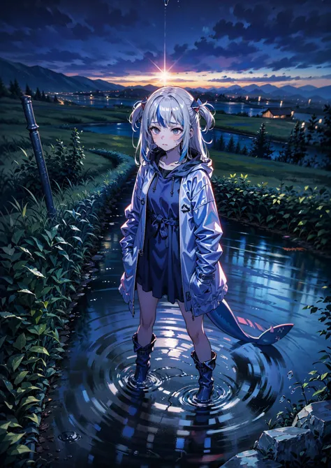 gawr gura, digital painting, portrayal of cute girl in the wilderness_storm, young and cute, (majestic masterpiece, best quality, intricate detail, ultra-highres:1.2), hands on hips, looking up, raining, (full body:1.1), (photorealistic:1.2), at night, dramatic dark shot, forest environment, trees, dark rainclouds,  phblue, 
BREAK 
(gray hair:1.1), two side up, (small:1.1) breasts, thin body, slender, lonely look, serene expression, refreshing youthful scene, shiny wet skin, white eyebrows, wet hair, bad_weather, dark clouds, heavy rain, 
BREAK 
streaked hair, (closed_eyes:0.8), shark tail, blushing, wearing dress-style (blue raincoat:1.1), rainboots, (closed front:1.1), hair ornaments, shark print, damp clothes, drenched, shark hair ornament, blunt bangs, 
BREAK 
realistic skin texture, somber scenery, blue theme, mist from the rain rises from the ground, tiny droplets of moisture, catching her breath, stunning mountain landscape, depth of field, sharp focus, (dramatic storm:1.1), dark shadows and subtle contrast, 
<lora:gwar gura by goofy ai:1>, <lora:bluestyle-000005:0.8>, <lora:lowra_v10:0.4>, <lora:add_detail:0.3>