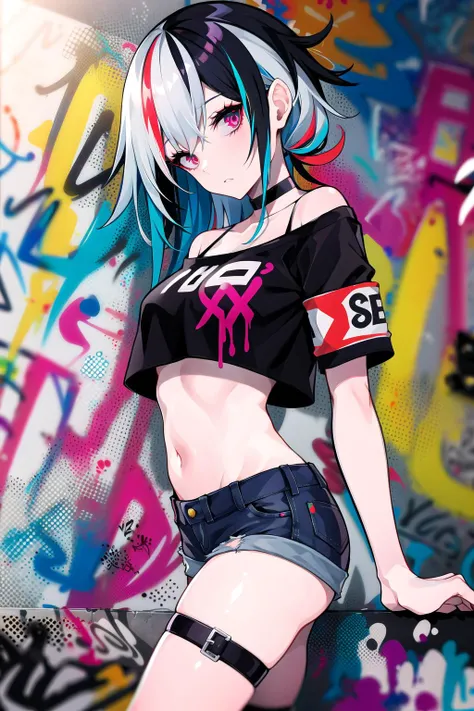 absurdres, best quality,1girl, solo, streaked hair, crop top, denim shorts, choker, (graffiti:1.25),  <lyco:GoodHands-beta2:1.0>, paint splatter, arms behind back, (slouching), leaning back, against wall, (leaning to the side:0.125), looking at viewer, armband, thigh strap, streaked hair, paint on body, upturned eyes, head down, head tilt, (from side:0.9), bored, (expressionless:0.75),  <lora:lam__ramdayo__offset:1>, lam \(ramdayo\)