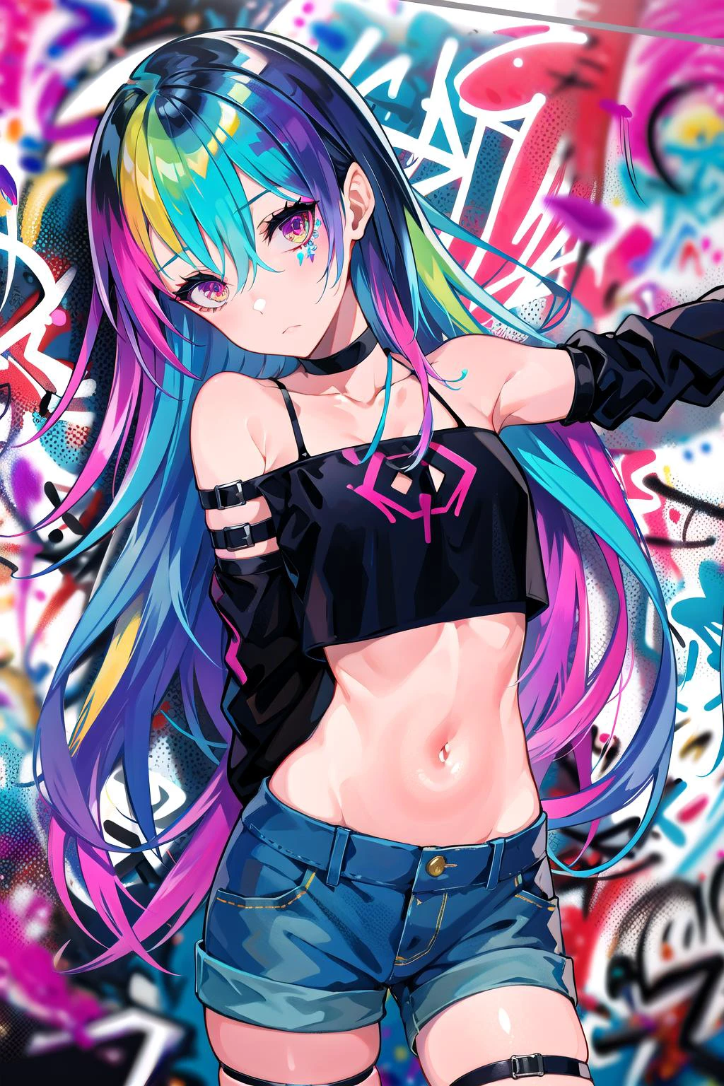absurdres, best quality,1girl, solo, streaked hair, crop top, denim shorts, choker, (graffiti:1.25), <lyco:GoodHands-beta2:1.0>, paint splatter, arms behind back, (slouching), leaning back, against wall, (leaning to the side:0.125), looking at viewer, armband, thigh strap, rainbow hair, paint on body, upturned eyes, head down, head tilt, (from side:1), (expressionless:0.75), <lora:lam__ramdayo__offset:1>, lam \(ramdayo\), <lora:RainbowHairV1:1>, diffraction spikes,