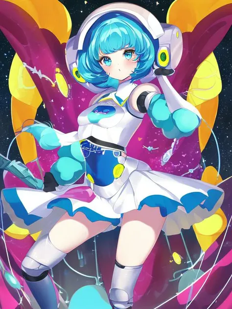 sadness, solo, 1girl, robotic, outer space background, eyes,waist, thighs, retro, hair, arms, hands, cyan, magenta, yellow, masterpiece, by arrow