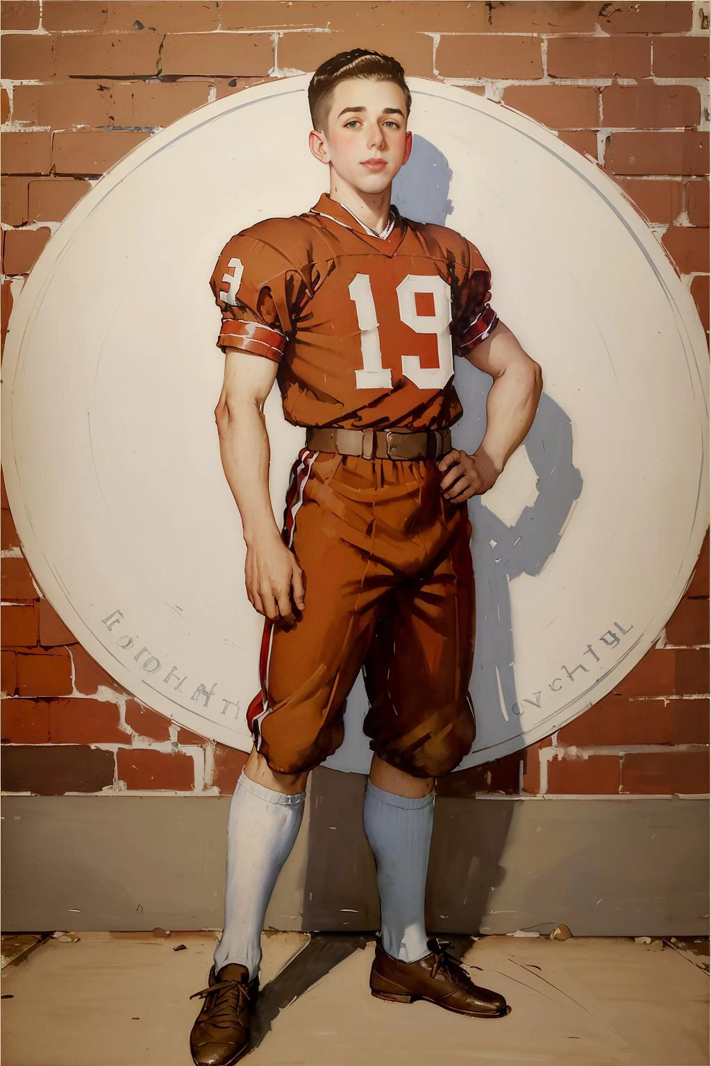 oil painting style, oil painting, (Norman Rockwell painting) of (JoeyMills) dressed as a 1950's football player standing in front of a red brick wall, 1950's style football uniform, (by Norman Rockwell:1.3), (((full body portrait))), wide angle, symmetrical face, symmetrical eyes, realistic proportions, dynamic pose, realistic eyes, realistic eye proportions <lora:JoeyMills:0.8>