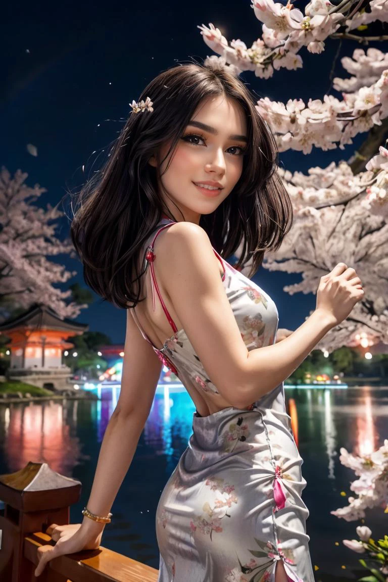 wearing a Cheongsam, (rainbow) trim, shiny silk, floral design, looking at viewer, smirk, happy, medium shot, standing, outside, lake, night torii, high quality, masterpiece, (sakura trees, cherry blossom), (paper lanterns, lunar new year), better_oppai, <lora:PerfectFullBreasts-fCV3.5:1.0>, <lora:more_details:0.8>, <lora:GoodHands-beta2:0.8>, <lora:Aviva Sofia:0.8> Aviva Sofia