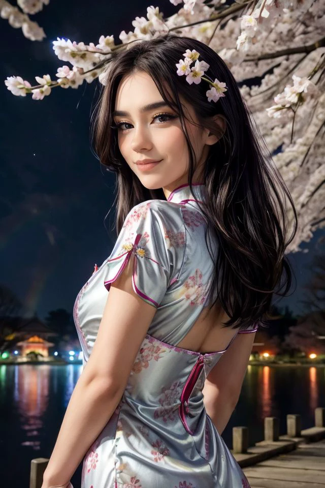 wearing a Cheongsam, (rainbow) trim, shiny silk, floral design, looking at viewer, smirk, happy, medium shot, standing, outside, lake, night torii, high quality, masterpiece, (sakura trees, cherry blossom), (paper lanterns, lunar new year), better_oppai, <lora:PerfectFullBreasts-fCV3.5:1.0>, <lora:more_details:0.8>, <lora:GoodHands-beta2:0.8>, <lora:Aviva Sofia:0.8> Aviva Sofia