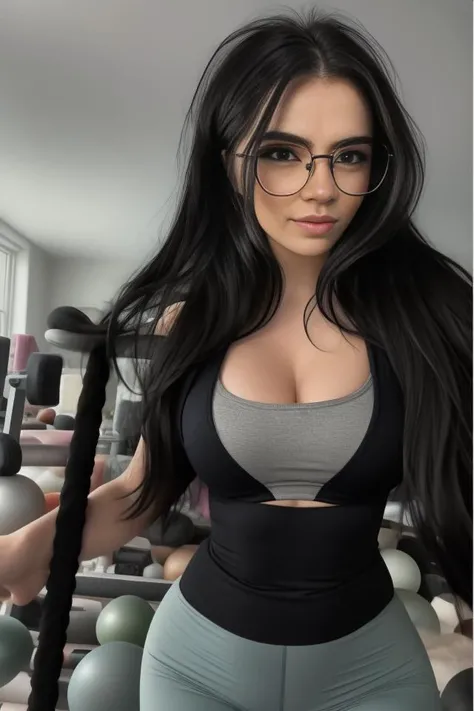 Shy, brunette, long hair, latina, girl, 21 years old, super realistic, highest quality, 8K, gym legging, gigant breast, decent ass, perfect face, perfect eyes, perfect lips, sharp jawline, black glasses, front picture, completely naked, horny