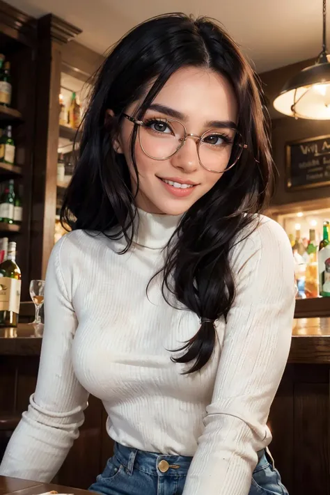 aviva sofia, long black hair, glasses, brown eyes, small breasts, wearing a white turtleneck, jeans, looking at viewer, smiling,
sitting behind a table, inside a bar, table full of food, chicken, buffalo chicken, romantic ambiance, high quality, masterpiece <lora:Aviva Sofia:.7>