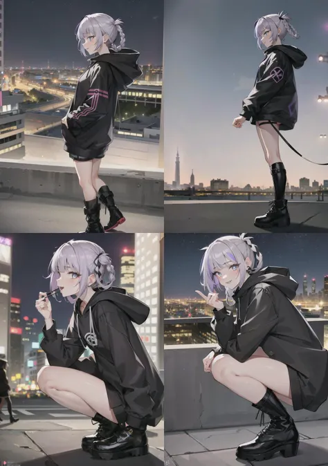 ((side profile picture:1.1)),full body,8K HDR,high res,masterpiece, best quality, ultra-detailed,excellent illustration, 1girl, solo, <lora:nazunaNanakusaCallOfThe_offset:0.65> 1girl, detailed clothes ,bangs,[realistic] ((detailed background(city))) ,hoody,black hoody,black shorts,knee-high boots,black boots ,blue eyes, blunt bangs,  eyeshadow, fangs, vampire teeth,(hair rings),two-tone hair, gradient hair, grey hair, short hair , light purple hair, multicolored hair, red eye shadow,standing pose, (looking  somewhere else:1.2),night,city night,city light,sky,ultra ray tracing,