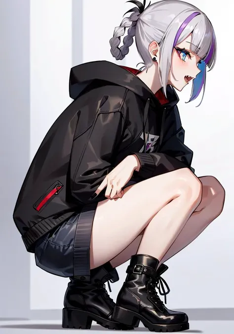 <lora:twistedscarlett60_style:0.8>, (best quality, masterpiece:1.5), (1boy, solo:1.1), <lora:e7Haste-07:.8>, hooded_jacket, choker, boots, pants, white hair, short hair, profile, serious, red jewelry, cowboy shot,