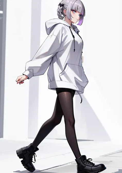 ((side profile picture:1.1)),full body,8K HDR,high res,masterpiece, best quality, ultra-detailed,excellent illustration, 1girl, solo, <lora:nazunaNanakusaCallOfThe_offset:0.65> 1girl, detailed clothes ,bangs,[realistic] ((detailed background(plain white))) ,hoody,(white hoody:1.5),black shorts,good anatomy,proper legs position,proper feet,knee-high boots,black boots ,blue eyes, blunt bangs,  eyeshadow, fangs,vampire teeth,(hair rings), short hair , two-tone hair, gradient hair, grey hair,light purple hair, multicolored hair, red eye shadow,(looking  somewhere else:1.2),((walking pose)),(strolling pose),((white background)),one tone background