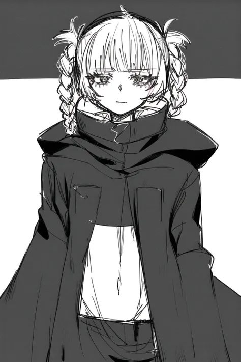 1girl, masterpiece, best quality, nanakusa nazuna, <lora:nazunaNanakusaCallOfThe_1:1>, large black cloak, midriff