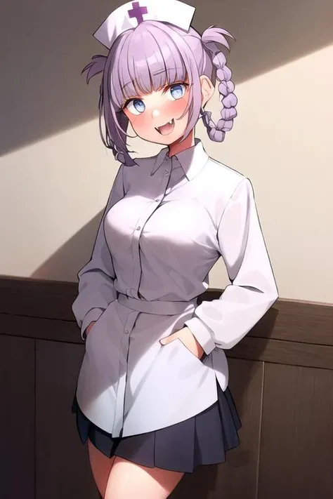 ((nanakusa nazuna)), 1girl, :d, bangs, black skirt, blue eyes, blunt bangs, braid, indoors, head tilt, (canine fangs), heart, light blush, looking at viewer, (white nurse dress), nurse hat, open mouth, purple hair, shirt, short hair, side braid, single braid, skirt, smile, solo, teeth, upper teeth only, white shirt, ((hands in pockets)), (vampire) <hypernet:sgqo1n:1> <lora:nazunaNanakusaCallOfThe_1:0.6>