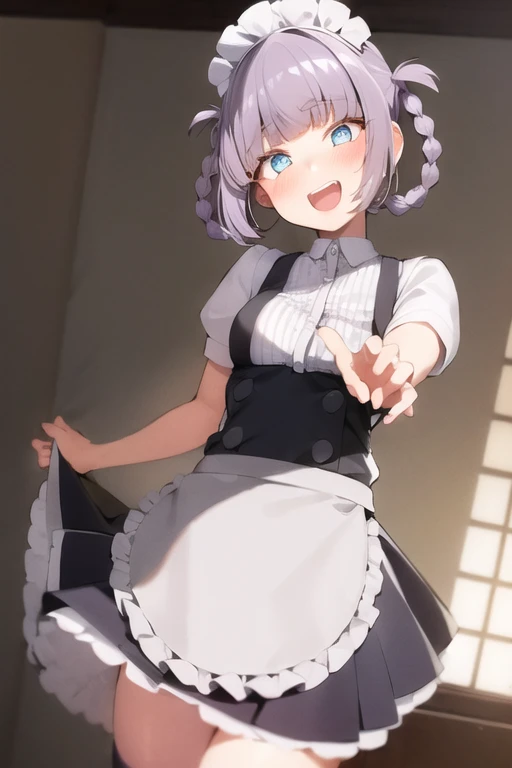 nanakusa nazuna, 1girl, :d, apron, bangs, black skirt, blue eyes, blunt bangs, braid, indoors, head tilt, heart, light blush, looking at viewer, maid, maid apron, maid headdress, open mouth, purple hair, shirt, short hair, side braid, single braid, skirt, smile, solo, teeth, upper teeth only, white shirt, <hypernet:sgqo1n:1> <lora:nazunaNanakusaCallOfThe_1:0.6>