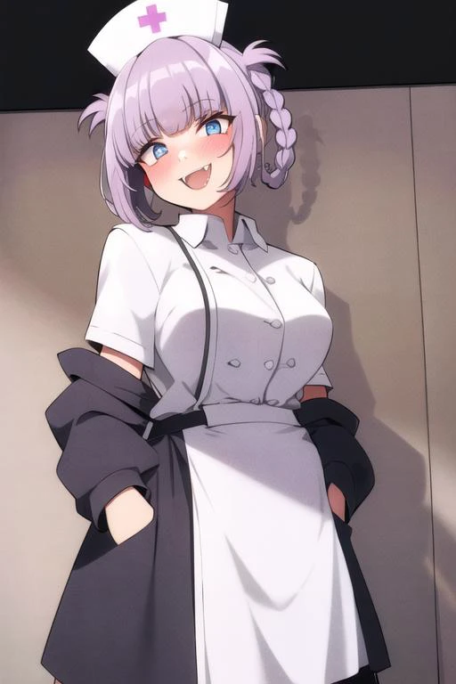 ((nanakusa nazuna)), 1girl, :d, bangs, black skirt, blue eyes, blunt bangs, braid, indoors, head tilt, (canine fangs), heart, light blush, looking at viewer, (white nurse dress), nurse hat, open mouth, purple hair, shirt, short hair, side braid, single braid, skirt, smile, solo, teeth, upper teeth only, white shirt, ((hands in pockets)), (vampire) <hypernet:sgqo1n:1> <lora:nazunaNanakusaCallOfThe_1:0.6>