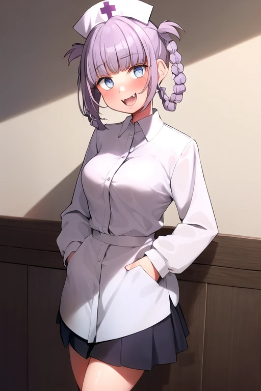 ((nanakusa nazuna)), 1girl, :d, bangs, black skirt, blue eyes, blunt bangs, braid, indoors, head tilt, (canine fangs), heart, light blush, looking at viewer, (white nurse dress), nurse hat, open mouth, purple hair, shirt, short hair, side braid, single braid, skirt, smile, solo, teeth, upper teeth only, white shirt, ((hands in pockets)), (vampire) <hypernet:sgqo1n:1> <lora:nazunaNanakusaCallOfThe_1:0.6>