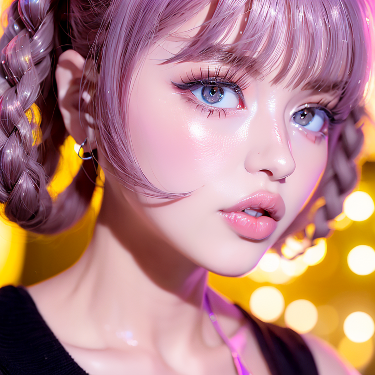 A close up of a woman with a pink hair and blue eyes - SeaArt AI