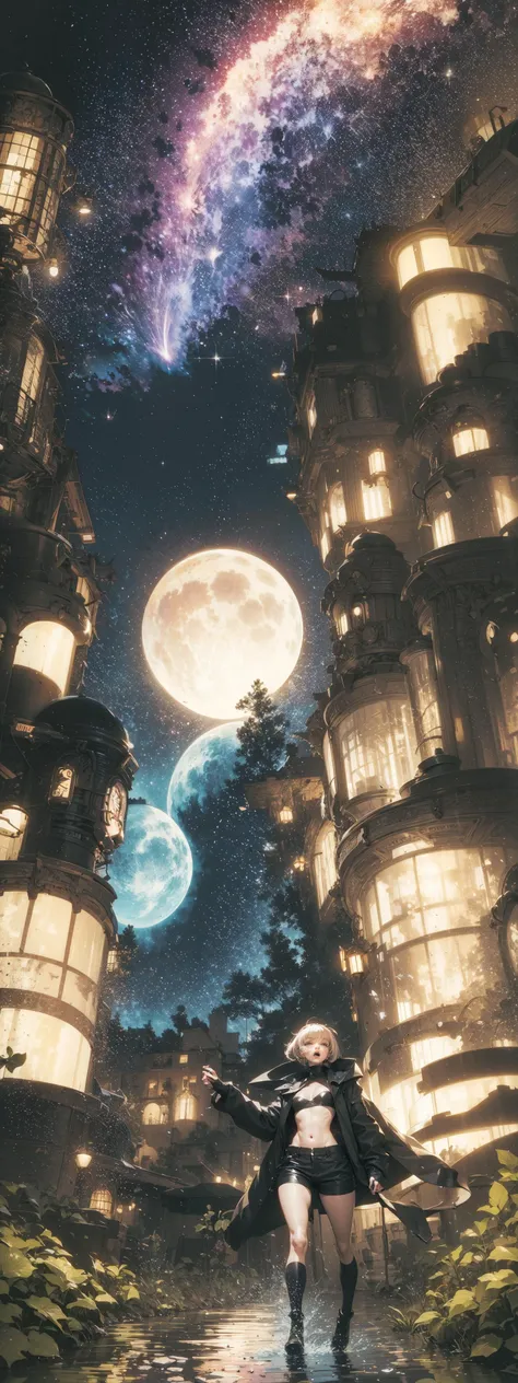 ((ultra-detailed)), ((illustration)), beautiful landscape with sky above and forest below AND ((ultra-detailed)), ((illustration)), nebula, night sky AND ((ultra-detailed)), ((illustration)), full moon, night sky AND ((ultra-detailed)), ((illustration)), forest, trees AND ((ultra-detailed)), ((photo realistic)), grass, field, stream, water, solo,, nanakusa nazuna, bangs, black jacket, black shirt, black shorts, blue eyes, blunt bangs, breasts, cleavage cutout, clothing cutout, crop top, eyeshadow, fangs, gradient hair, grey hair, hair rings, jacket, light purple hair, looking at viewer, makeup, multicolored hair, navel, open mouth, red eyeshadow, shirt, shorts, sleeveless, sleeveless turtleneck, sleeveless turtleneck crop top, small breasts, solo, stomach, turtleneck, turtleneck crop top, two-tone hair, vampire, <lora:nazunaNanakusaCallOfThe_offset:1>