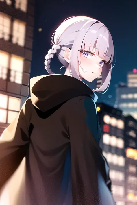 nanakusa nazuna,
1girl, closed mouth, coat, looking back, overcoat, black overcoat, hooded overcoat, short hair, from behind, solo, hair rings, light purple hair , blurry background, city,
<lora:nanakusa_nazuna_offset:1>
