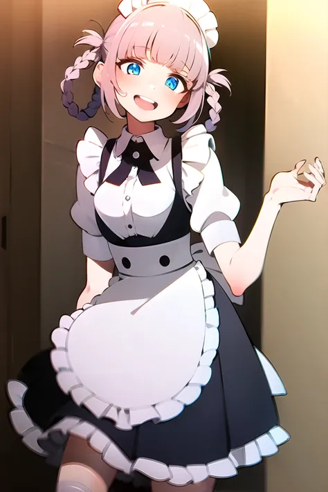 nanakusa nazuna,
1girl, :d, apron, bangs, black skirt, blue eyes, blunt bangs, braid, indoors, head tilt, heart, light blush, looking at viewer, maid, maid apron, maid headdress, open mouth, purple hair, shirt, short hair, side braid, single braid, skirt, smile, solo, teeth, upper teeth only, white shirt
<lora:nanakusa_nazuna_offset:1>