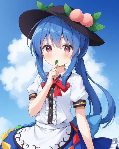 hinanawi tenshi,1girl, solo, white_shirt, hat_removed, black_headwear, puffy_short_sleeves, blue_skirt, collared_shirt, peach, ponytail, looking_at_viewer, leaf, hair_tie_in_mouth, blush, center_frills, cowboy_shot, buttons, holding_hat, rainbow_order
<lora:hinanawi_tenshi_image10043_2023-12-20:1>,star-shaped_pupils,symbol-shaped_pupils,. gorgeous,key visual, vibrant, studio anime,award-winning, professional, highly detailed,high budget, cinemascope