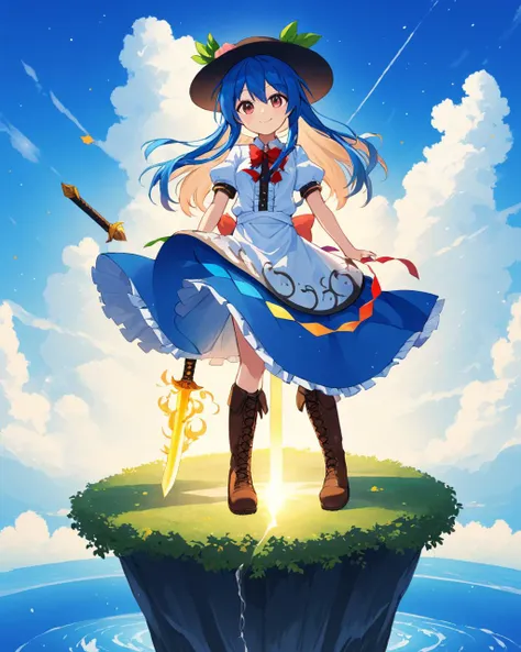 hinanawi tenshi,1girl, solo, brown_footwear, sword_of_hisou, peach, hat, black_headwear, smile, blue_skirt, puffy_short_sleeves, looking_at_viewer, red_bowtie, full_body, floating_island, white_shirt, cloud, lace-up_boots, standing, center_frills, leaf, blue_sky, sword, day, knee_boots, closed_mouth, keystone, layered_dress, outdoors
<lora:hinanawi_tenshi_image10043_2023-12-20:1>,star-shaped_pupils,symbol-shaped_pupils,. gorgeous,key visual, vibrant, studio anime,award-winning, professional, highly detailed,high budget, cinemascope