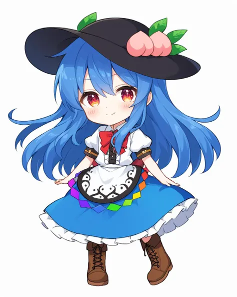 hinanawi tenshi,1girl, solo, peach, one_eye_closed, black_headwear, leaf, chibi, white_background, blue_skirt, smile, white_shirt, brown_footwear, full_body, simple_background, boots, red_bowtie, puffy_short_sleeves, hat, cross-laced_footwear, looking_at_viewer, closed_mouth, hand_on_own_face, ;\), center_frills, hand_up, blush, rainbow_order, blouse, petticoat, collared_shirt
<lora:hinanawi_tenshi_image10043_2023-12-20:1>,star-shaped_pupils,symbol-shaped_pupils,. gorgeous,key visual, vibrant, studio anime,award-winning, professional, highly detailed,high budget, cinemascope