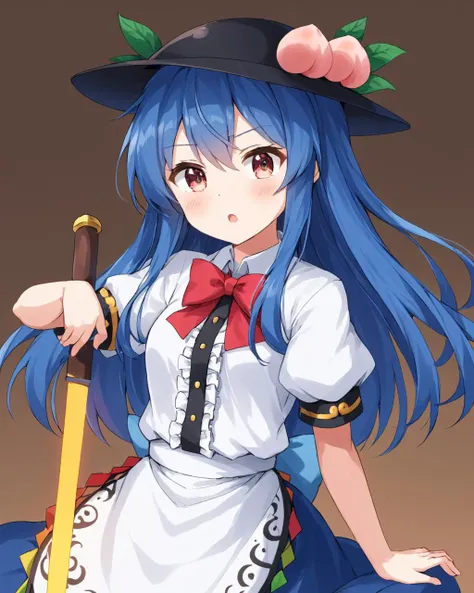 hinanawi tenshi, peach, sword_of_hisou, hat, white_shirt, holding_sword, red_bowtie, puffy_short_sleeves, open_mouth, 1girl, upper_body, black_headwear, wing_collar, leaf, v-shaped_eyebrows, skirt, simple_background, blush, hand_up, solo, brown_background, tan_background, center_frills, blouse
<lora:hinanawi_tenshi_image10043_2023-12-20:1>,star-shaped_pupils,symbol-shaped_pupils,. gorgeous,key visual, vibrant, studio anime,award-winning, professional, highly detailed,high budget, cinemascope