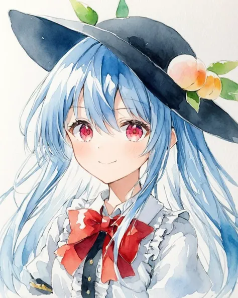 hinanawi tenshi,1girl, solo, smile, black_headwear, upper_body, white_shirt, looking_at_viewer, traditional_media, red_bowtie, closed_mouth, frills, white_background, hat, simple_background, watercolor_\(medium\)
<lora:hinanawi_tenshi_image10043_2023-12-20:1>,star-shaped_pupils,symbol-shaped_pupils,. gorgeous,key visual, vibrant, studio anime,award-winning, professional, highly detailed,high budget, cinemascope