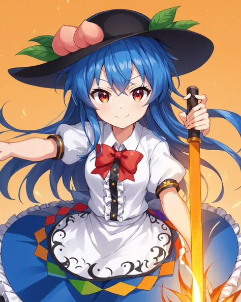 hinanawi tenshi,1girl, solo, black_headwear, smile, sword_of_hisou, hat, keystone, looking_at_viewer, white_shirt, peach, leaf, puffy_short_sleeves, blue_skirt, shimenawa, shide, orange_background, frills, closed_mouth, holding_sword, red_bowtie, upper_body, v-shaped_eyebrows
<lora:hinanawi_tenshi_image10043_2023-12-20:1>,star-shaped_pupils,symbol-shaped_pupils,. gorgeous,key visual, vibrant, studio anime,award-winning, professional, highly detailed,high budget, cinemascope