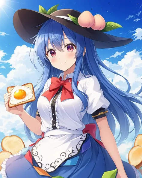 hinanawi tenshi,1girl, solo, hat, looking_at_viewer, fried_egg, egg_\(food\), cloud, black_headwear, smile, peach, sky, toast, holding, blush, skirt, puffy_short_sleeves, red_bowtie, leaf, day, white_shirt, breasts
<lora:hinanawi_tenshi_image10043_2023-12-20:1>,star-shaped_pupils,symbol-shaped_pupils,. gorgeous,key visual, vibrant, studio anime,award-winning, professional, highly detailed,high budget, cinemascope