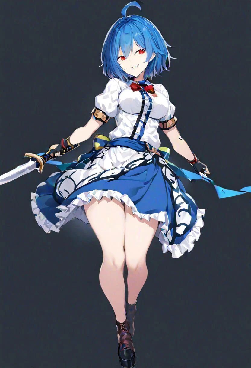masterpiece, best quality, ultra-detailed, beautiful, nai3, 1girl, solo, full_body, tachi-e,
hinanawi_tenshi_\(tenco's_story\), hinanawi tenshi, lime_\(saber_j\), 1girl, smile, short_hair, shirt, red_eyes, bow, hair_between_eyes, skirt, frills, blue_hair, short_sleeves, gloves, blue_skirt, black_gloves, ahoge, fingerless_gloves, aged_up, frilled_skirt, sword_of_hisou, wristband,