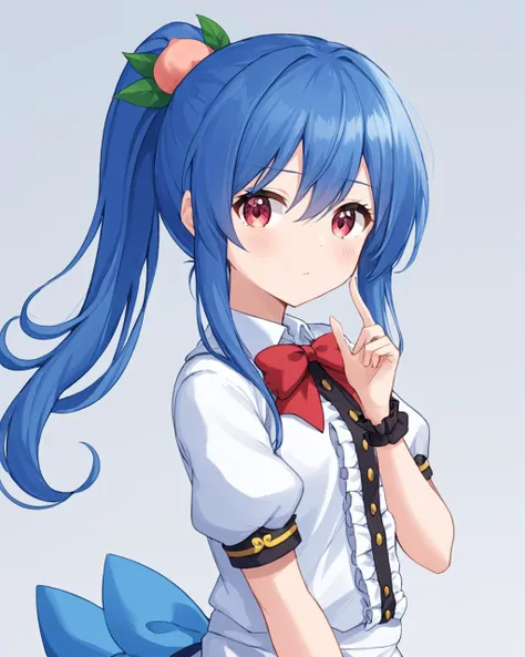 hinanawi tenshi,1girl, solo, white_shirt, upper_body, blush, puffy_short_sleeves, center_frills, wrist_cuffs, red_bowtie, ponytail, no_headwear, looking_at_viewer, closed_mouth, alternate_hairstyle, hair_twirling, buttons, food-themed_hair_ornament, hand_up, peach, simple_background
<lora:hinanawi_tenshi_image10043_2023-12-20:1>,star-shaped_pupils,symbol-shaped_pupils,. gorgeous,key visual, vibrant, studio anime,award-winning, professional, highly detailed,high budget, cinemascope