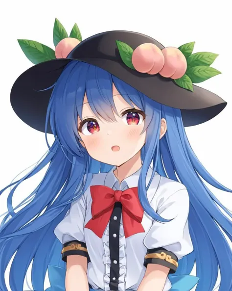 hinanawi tenshi,1girl, solo, hat, peach, open_mouth, looking_at_viewer, black_headwear, white_background, simple_background, leaf, blush, bowtie, :o, upper_body, white_shirt, red_bow
<lora:hinanawi_tenshi_image10043_2023-12-20:1>,star-shaped_pupils,symbol-shaped_pupils,. gorgeous,key visual, vibrant, studio anime,award-winning, professional, highly detailed,high budget, cinemascope