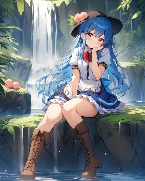 hinanawi tenshi,1girl, solo, sitting, blue_skirt, white_shirt, peach, smile, looking_at_viewer, brown_footwear, puffy_short_sleeves, blush, hat_removed, red_bowtie, knee_boots, hand_on_own_cheek, lace-up_boots, closed_mouth, leaf, head_tilt, frilled_skirt, waterfall, full_body, black_headwear, blue_bow
<lora:hinanawi_tenshi_image10043_2023-12-20:1>,masterpiece, best quality