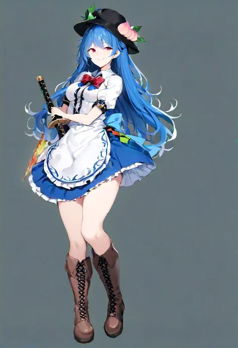 masterpiece, best quality, ultra-detailed, beautiful, nai3, 1girl, solo, full_body, tachi-e, 
hinanawi_tenshi, 1girl, smile, long_hair, shirt, red_eyes, bow, hat, skirt, frills, blue_hair, short_sleeves, peach, blue_skirt, aged_up, frilled_skirt, sword_of_hisou, bangs, white_shirt, boots, food, puffy_sleeves, bowtie, apron, puffy_short_sleeves, black_headwear, fruit, leaf, brown_footwear, cross-laced_footwear, rainbow_order, blush, hair_between_eyes,