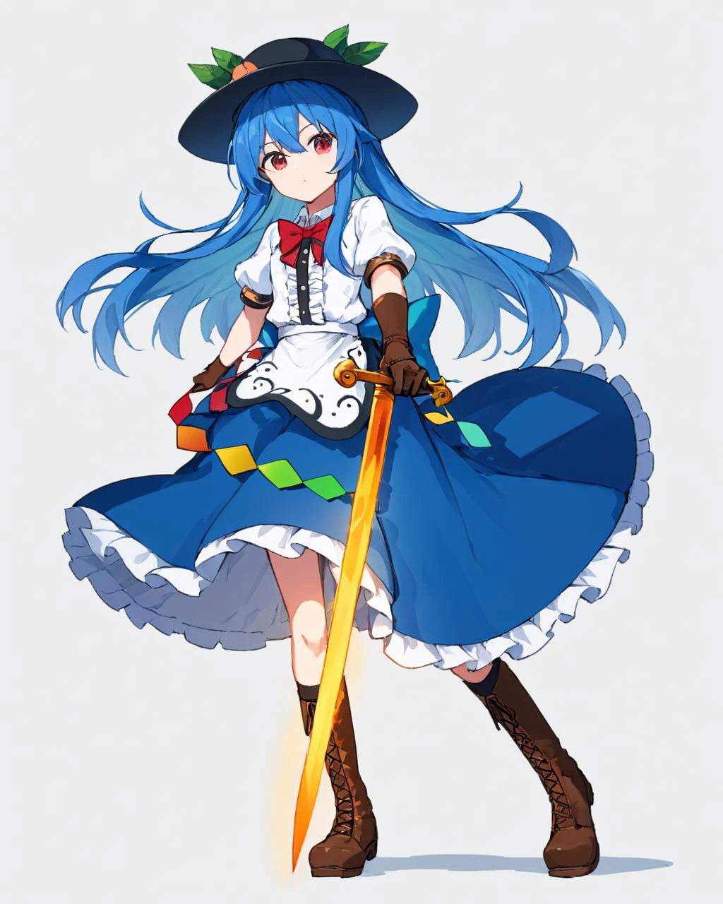 hinanawi tenshi,1girl, solo, fingerless_gloves, simple_background, white_shirt, boots, full_body, white_background, black_headwear, blue_skirt, hat, sword_of_hisou, red_bowtie, holding_sword, center_frills, puffy_short_sleeves, rainbow_order, standing, looking_at_viewer, leaf, blouse, brown_footwear, socks, parted_lips, black_gloves, buttons, brown_gloves
<lora:hinanawi_tenshi_image10043_2023-12-20:1>,star-shaped_pupils,symbol-shaped_pupils,. gorgeous,key visual, vibrant, studio anime,award-winning, professional, highly detailed,high budget, cinemascope