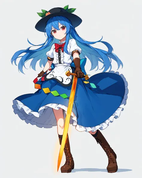 hinanawi tenshi,1girl, solo, fingerless_gloves, simple_background, white_shirt, boots, full_body, white_background, black_headwear, blue_skirt, hat, sword_of_hisou, red_bowtie, holding_sword, center_frills, puffy_short_sleeves, rainbow_order, standing, looking_at_viewer, leaf, blouse, brown_footwear, socks, parted_lips, black_gloves, buttons, brown_gloves
<lora:hinanawi_tenshi_image10043_2023-12-20:1>,star-shaped_pupils,symbol-shaped_pupils,. gorgeous,key visual, vibrant, studio anime,award-winning, professional, highly detailed,high budget, cinemascope