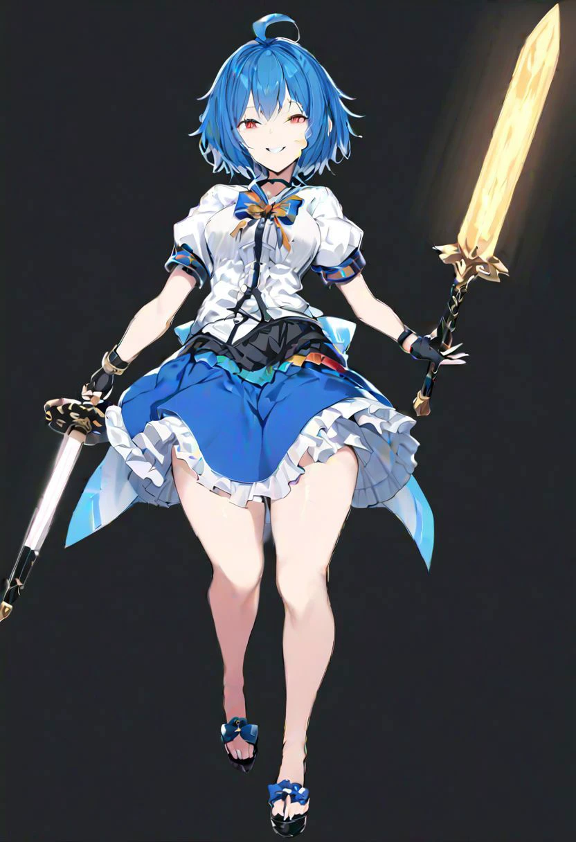 masterpiece, best quality, ultra-detailed, beautiful, nai3, 1girl, solo, full_body, tachi-e,
hinanawi_tenshi_\(tenco's_story\), hinanawi tenshi, lime_\(saber_j\), 1girl, smile, short_hair, shirt, red_eyes, bow, hair_between_eyes, skirt, frills, blue_hair, short_sleeves, gloves, blue_skirt, black_gloves, ahoge, fingerless_gloves, aged_up, frilled_skirt, sword_of_hisou, wristband,