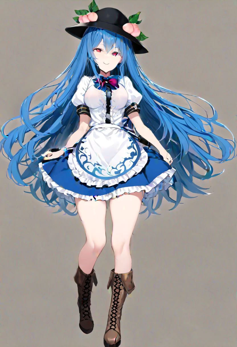 masterpiece, best quality, ultra-detailed, beautiful, nai3, 1girl, solo, full_body, tachi-e,
hinanawi_tenshi, 1girl, smile, long_hair, shirt, red_eyes, bow, hat, skirt, frills, blue_hair, short_sleeves, peach, blue_skirt, aged_up, frilled_skirt, sword_of_hisou, bangs, white_shirt, boots, food, puffy_sleeves, bowtie, apron, puffy_short_sleeves, black_headwear, fruit, leaf, brown_footwear, cross-laced_footwear, rainbow_order, blush, hair_between_eyes,