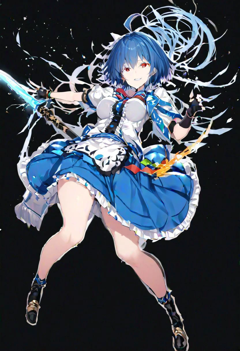 masterpiece, best quality, ultra-detailed, beautiful, nai3, 1girl, solo, full_body, tachi-e,
hinanawi_tenshi_\(tenco's_story\), hinanawi tenshi, lime_\(saber_j\), 1girl, smile, short_hair, shirt, red_eyes, bow, hair_between_eyes, skirt, frills, blue_hair, short_sleeves, gloves, blue_skirt, black_gloves, ahoge, fingerless_gloves, aged_up, frilled_skirt, sword_of_hisou, wristband,