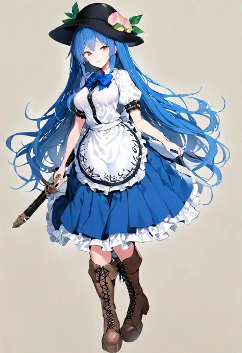 masterpiece, best quality, ultra-detailed, beautiful, nai3, 1girl, solo, full_body, tachi-e, 
hinanawi_tenshi, 1girl, smile, long_hair, shirt, red_eyes, bow, hat, skirt, frills, blue_hair, short_sleeves, peach, blue_skirt, aged_up, frilled_skirt, sword_of_hisou, bangs, white_shirt, boots, food, puffy_sleeves, bowtie, apron, puffy_short_sleeves, black_headwear, fruit, leaf, brown_footwear, cross-laced_footwear, rainbow_order, blush, hair_between_eyes,