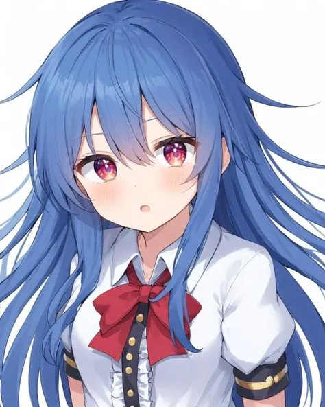 hinanawi tenshi,1girl, solo, white_background, simple_background, puffy_short_sleeves, upper_body, blush, no_headwear, white_shirt, looking_at_viewer, red_bowtie, collared_shirt, buttons, open_mouth, frills
<lora:hinanawi_tenshi_image10043_2023-12-20:1>,star-shaped_pupils,symbol-shaped_pupils,. gorgeous,key visual, vibrant, studio anime,award-winning, professional, highly detailed,high budget, cinemascope