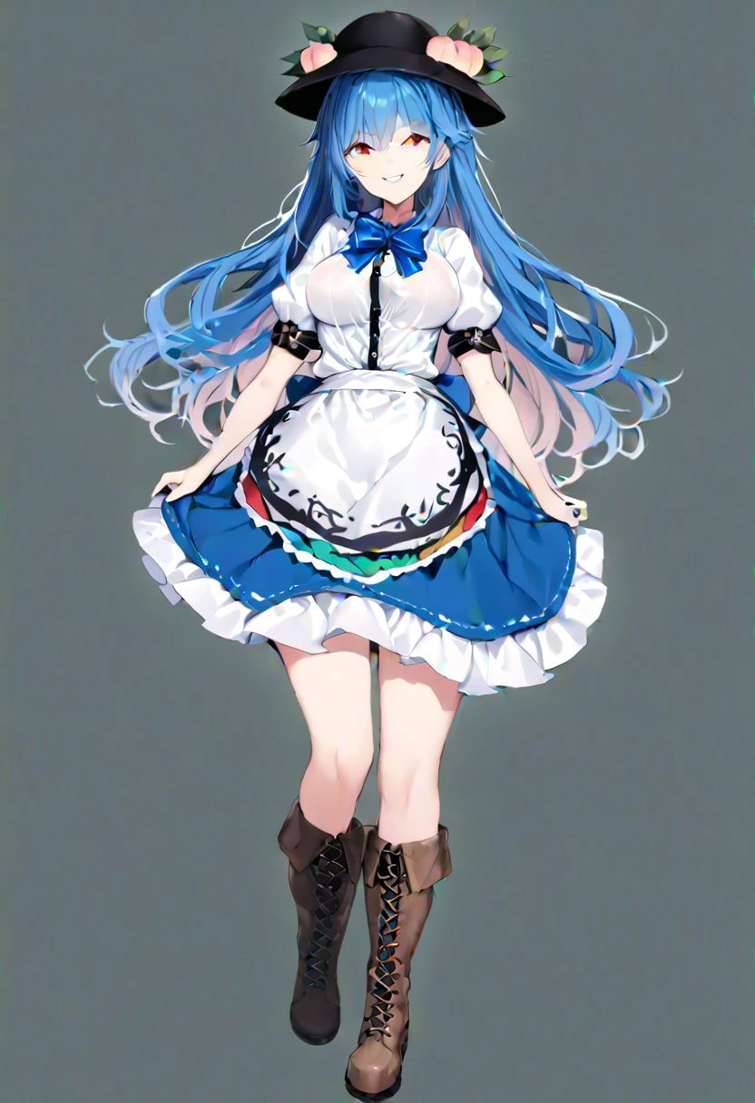 masterpiece, best quality, ultra-detailed, beautiful, nai3, 1girl, solo, full_body, tachi-e,
hinanawi_tenshi, 1girl, smile, long_hair, shirt, red_eyes, bow, hat, skirt, frills, blue_hair, short_sleeves, peach, blue_skirt, aged_up, frilled_skirt, sword_of_hisou, bangs, white_shirt, boots, food, puffy_sleeves, bowtie, apron, puffy_short_sleeves, black_headwear, fruit, leaf, brown_footwear, cross-laced_footwear, rainbow_order, blush, hair_between_eyes,