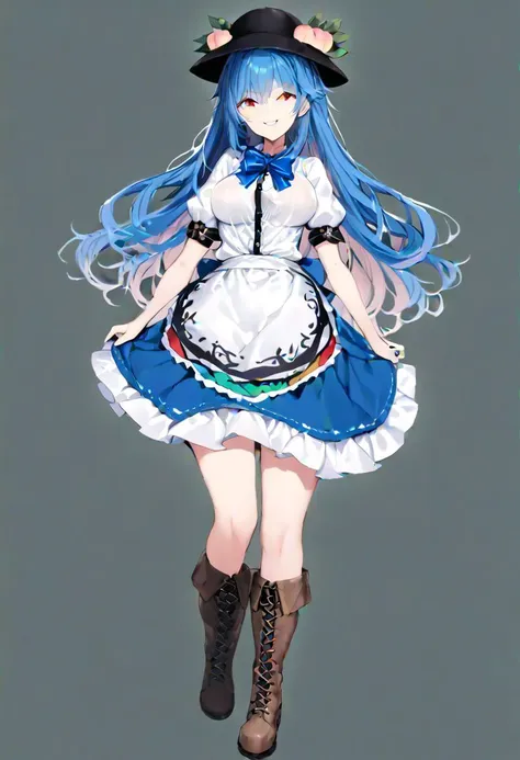 masterpiece, best quality, ultra-detailed, beautiful, nai3, 1girl, solo, full_body, tachi-e, 
hinanawi_tenshi, 1girl, smile, long_hair, shirt, red_eyes, bow, hat, skirt, frills, blue_hair, short_sleeves, peach, blue_skirt, aged_up, frilled_skirt, sword_of_hisou, bangs, white_shirt, boots, food, puffy_sleeves, bowtie, apron, puffy_short_sleeves, black_headwear, fruit, leaf, brown_footwear, cross-laced_footwear, rainbow_order, blush, hair_between_eyes,