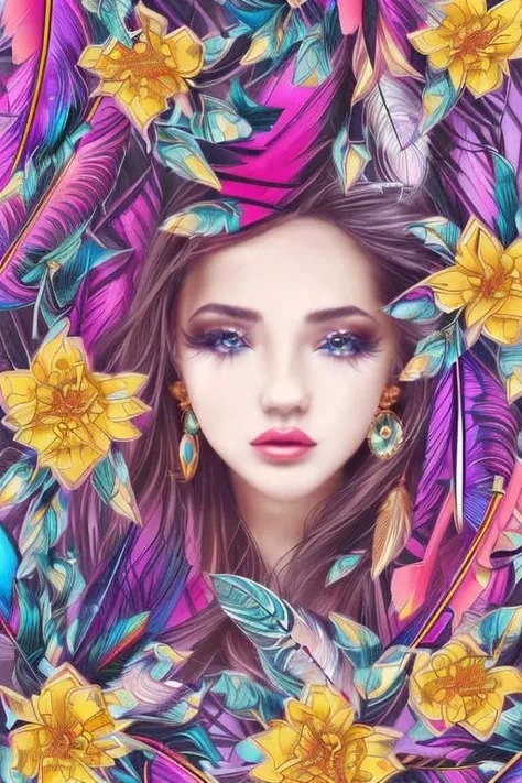 (official art, beautiful and aesthetic:1.2), (1girl:1.3),(fractal art:1.1),(colorful:1.1)(flowers:1.3),highest detailed,(zentangle:1.2), full body, (abstract background:1.3), (shiny skin), (many colors:1.4), ,(earrings), (feathers:1.5),